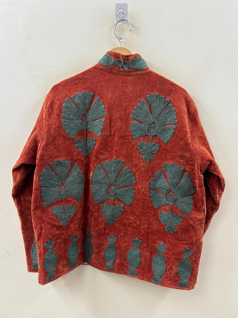 The Melon Garden — Suzani Hand-Embroidered Velvet Jacket | Terracotta & Forest Green