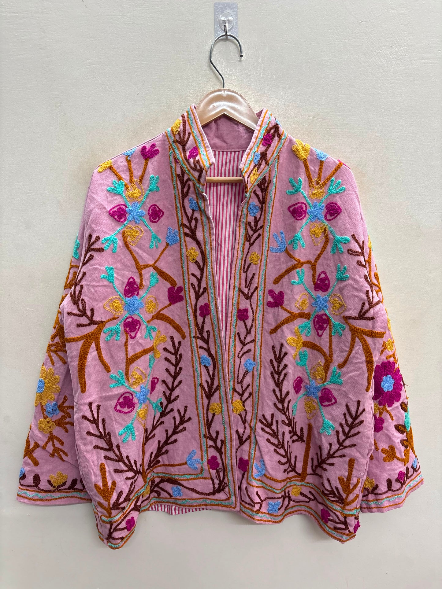 The Blossom Trellis — Suzani-Style Hand-Embroidered Cotton Jacket — Blush Pink
