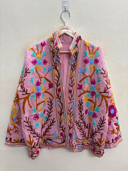 The Blossom Trellis — Suzani-Style Hand-Embroidered Cotton Jacket — Blush Pink