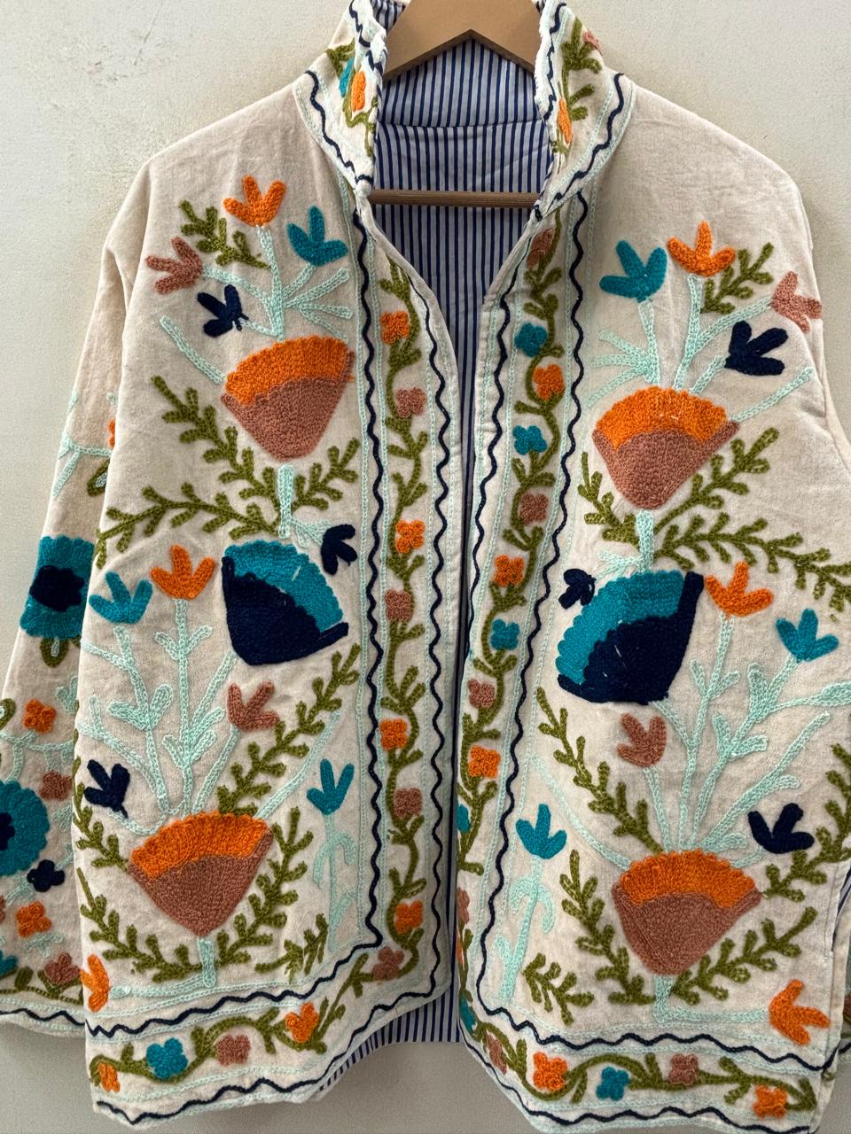The Samarkand Bloom — Suzani Embroidered Velvet Jacket — Ivory with Terracotta & Teal