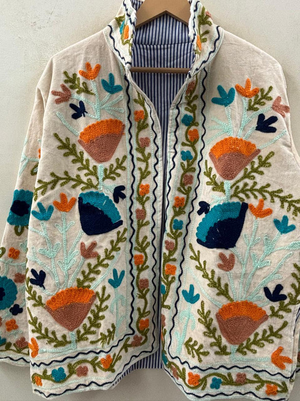 The Samarkand Bloom — Suzani Embroidered Velvet Jacket — Ivory with Terracotta & Teal