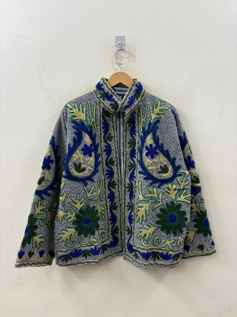 The Indigo Garden — Suzani-Embroidered Cotton Jacket — Slate Blue & Forest Green - Default Title - Zoshak Jacket