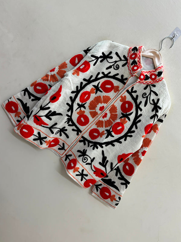 The Anar Bloom — Suzani Hand-Embroidered Cotton Jacket — Ivory with Vermilion & Ochre