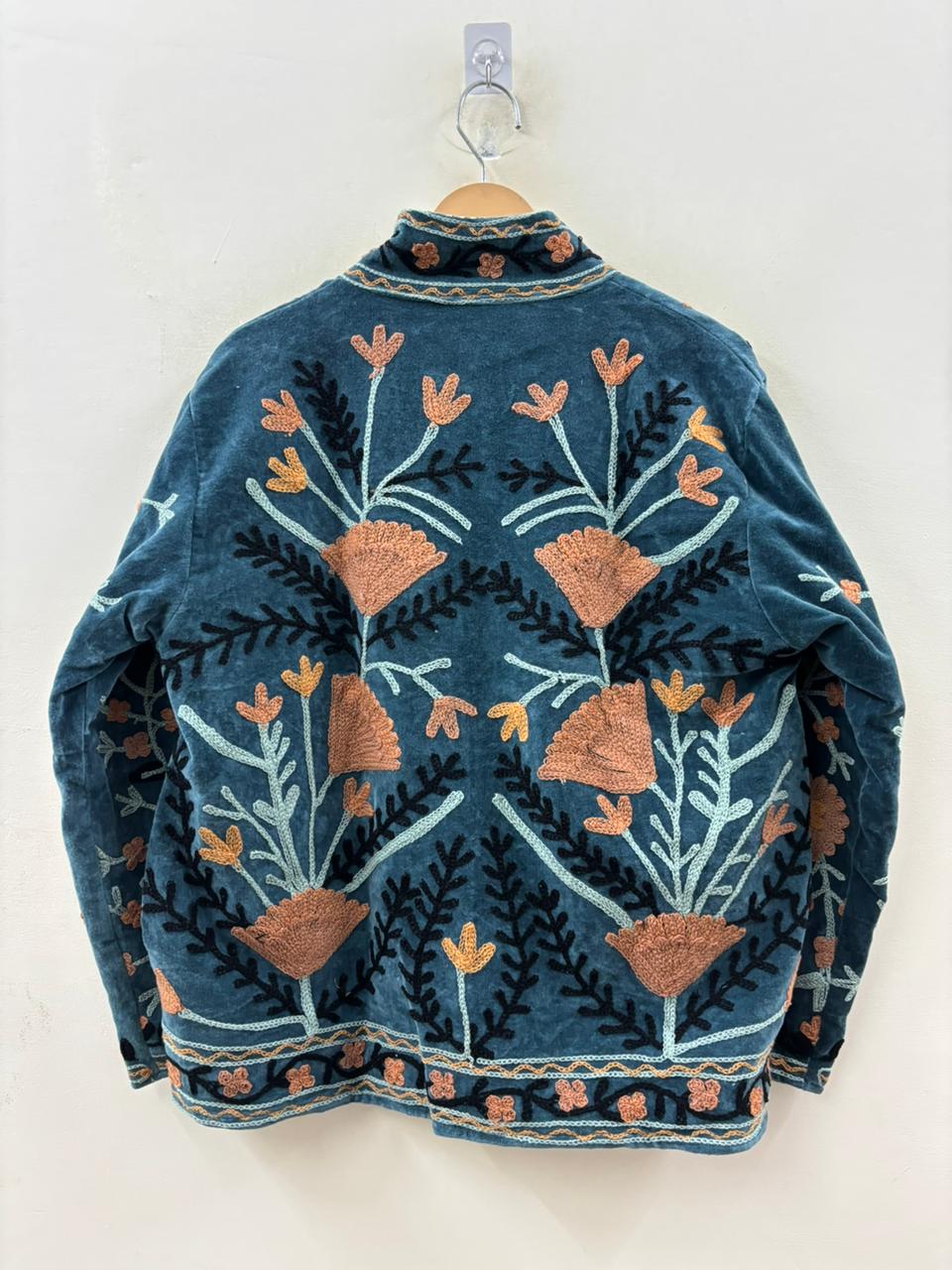 Suzani hand-embroidered antique rose velvet jacket with poppy and marigold floral motifs, handcrafted in Jaipur | Zoshak