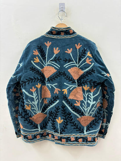 Suzani hand-embroidered antique rose velvet jacket with poppy and marigold floral motifs, handcrafted in Jaipur | Zoshak