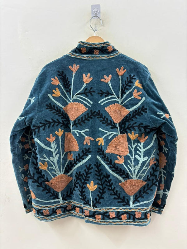 Suzani hand-embroidered antique rose velvet jacket with poppy and marigold floral motifs, handcrafted in Jaipur | Zoshak