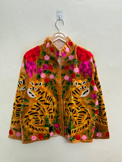 The Bagh Suzani — Hand-Embroidered Velvet Jacket — Camel Gold with Crimson & Magenta Bloom