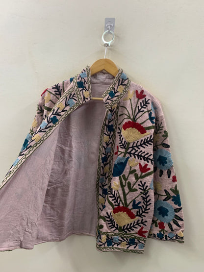 The Garden of Wandering Blooms — Crewel Embroidered Cotton Jacket — Blush Rose - Default Title - Zoshak Jacket