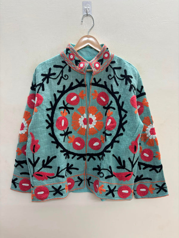 The Samarkand Bloom — Suzani Hand-Embroidered Cotton Jacket — Sage Green with Coral Pomegranates