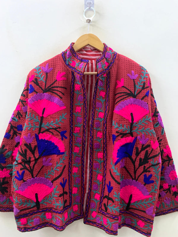The Berry Suzani — Neon Bloom — Hand-Embroidered Waffle Cotton Jacket - Default Title - Zoshak