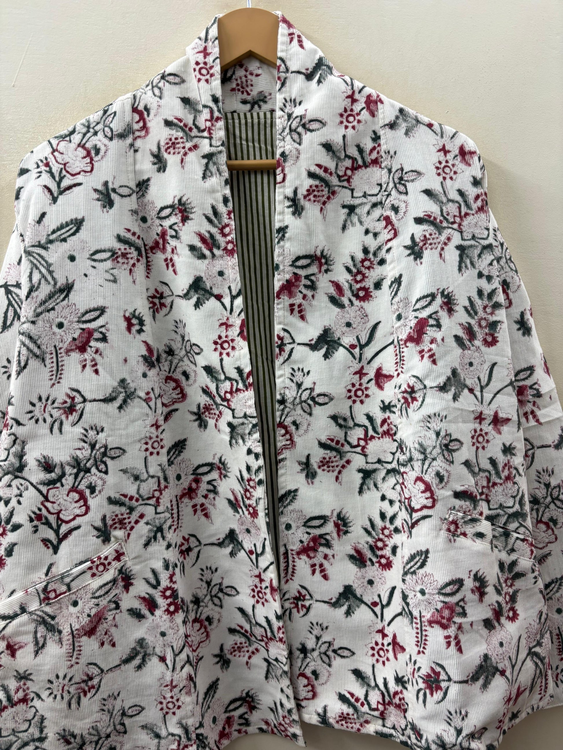 The Wildflower Garden — Hand-Embroidered Corduroy Jacket — Cream with Burgundy & Forest Green Florals - Default Title - Zoshak Jacket