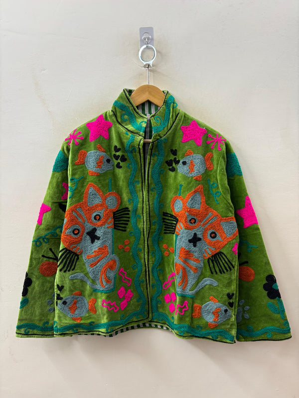 The Billie — Hand-Embroidered Cat Velvet Jacket - Green - Zoshak