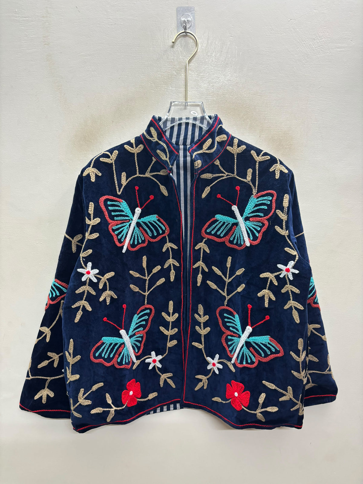 The Titli Bagh — Suzani Hand-Embroidered Velvet Jacket — Midnight Navy with Turquoise Butterflies & Gold Vines