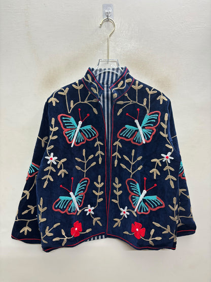 The Titli Bagh — Suzani Hand-Embroidered Velvet Jacket — Midnight Navy with Turquoise Butterflies & Gold Vines