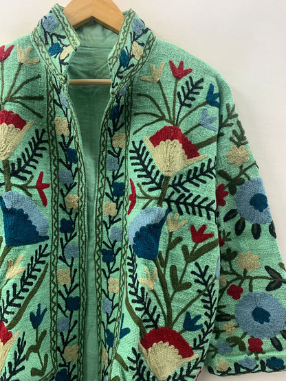 The Mint Garden — Crewel-Embroidered Cotton Jacket — Pistachio Green - Default Title - Zoshak Jacket