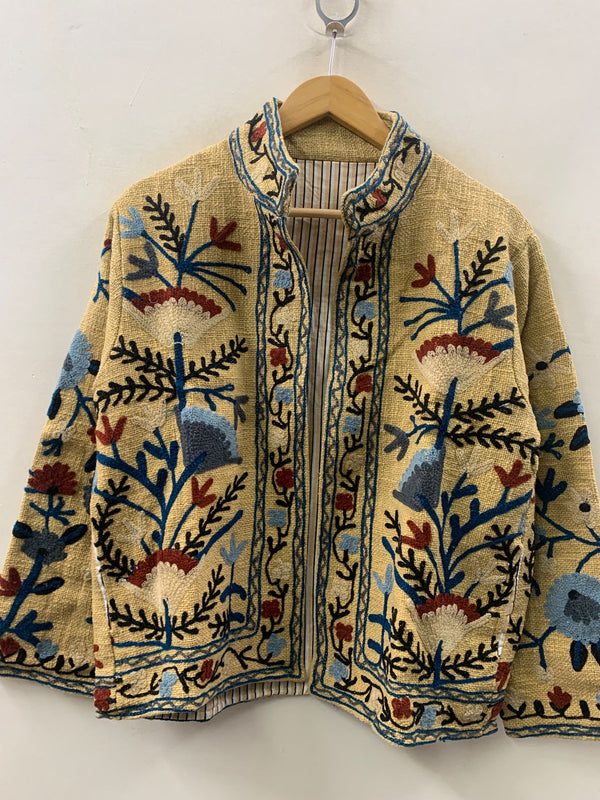 The Saffron Garden — Chainstitch Cotton Jacket — Dusty Mustard & Indigo - Default Title - Zoshak Jacket