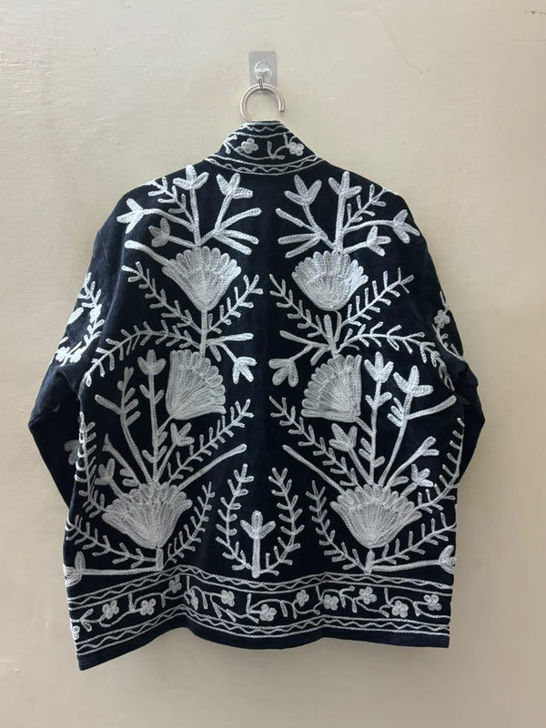 The Shabnam Bostan — Suzani Hand-Embroidered Cotton Jacket — Midnight Black with Ivory Tulip Vines