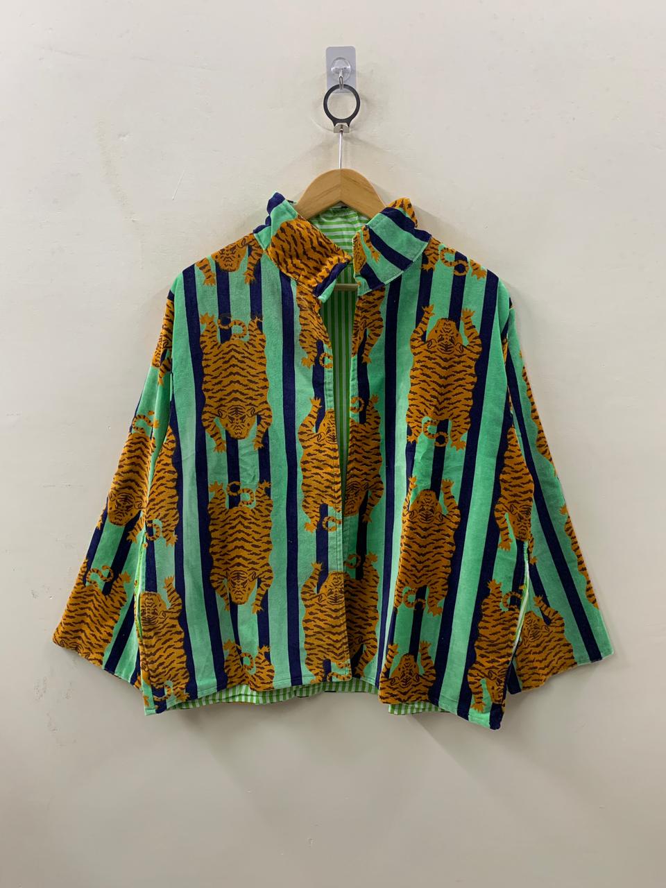 The Bengal Striper — Block Printed Velvet Jacket — Mint, Navy & Amber - Default Title - Zoshak Jacket