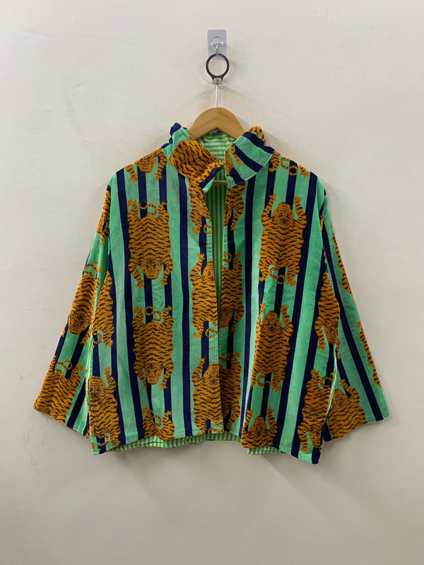 The Bengal Striper — Block Printed Velvet Jacket — Mint, Navy & Amber - Default Title - Zoshak Jacket