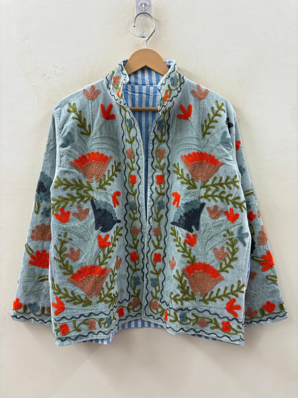 The Duskwing Bloom — Suzani Embroidered Velvet Jacket — Powder Blue