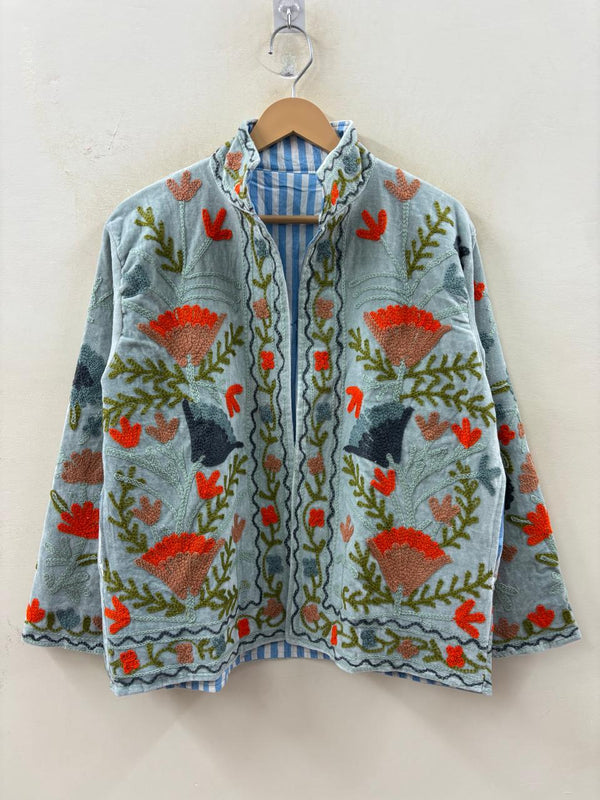 The Duskwing Bloom — Suzani Embroidered Velvet Jacket — Powder Blue