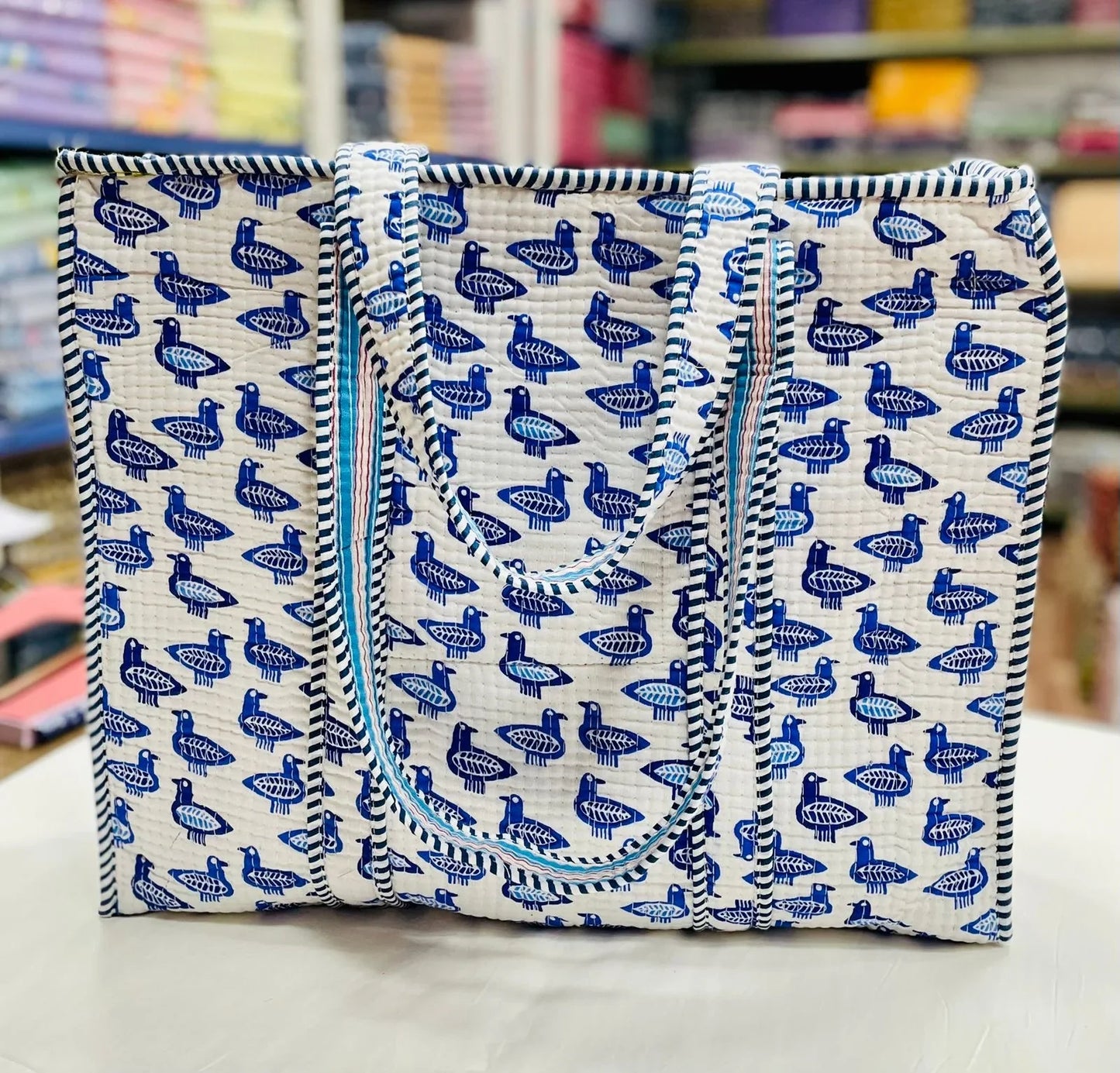 The Jaipur Tote - Blue Bird Print Tote - Zoshak Hand-Block Print · Cotton Quilted