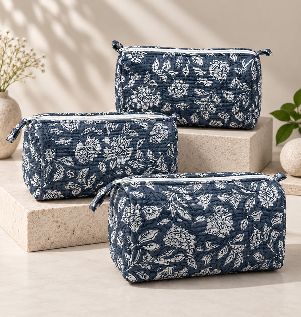 The Nilkanth Trio — Block-Printed Quilted Cotton Pouch Set — Indigo & Ivory Floral