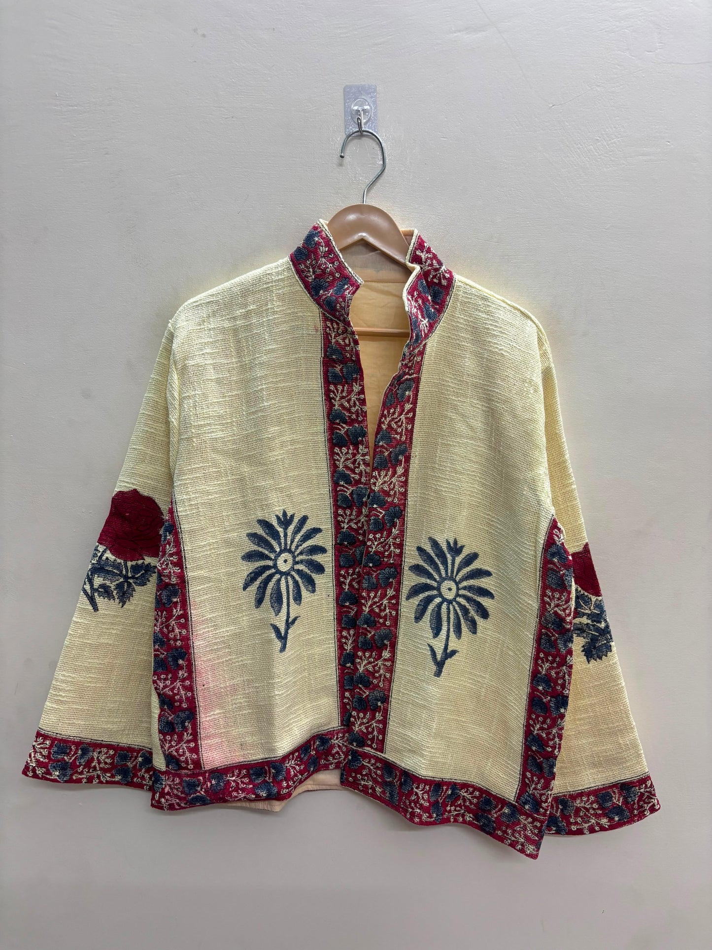 The Bagh Marigold — Suzani Hand-Embroidered Cotton Jacket — Ivory with Indigo & Wine Bordering