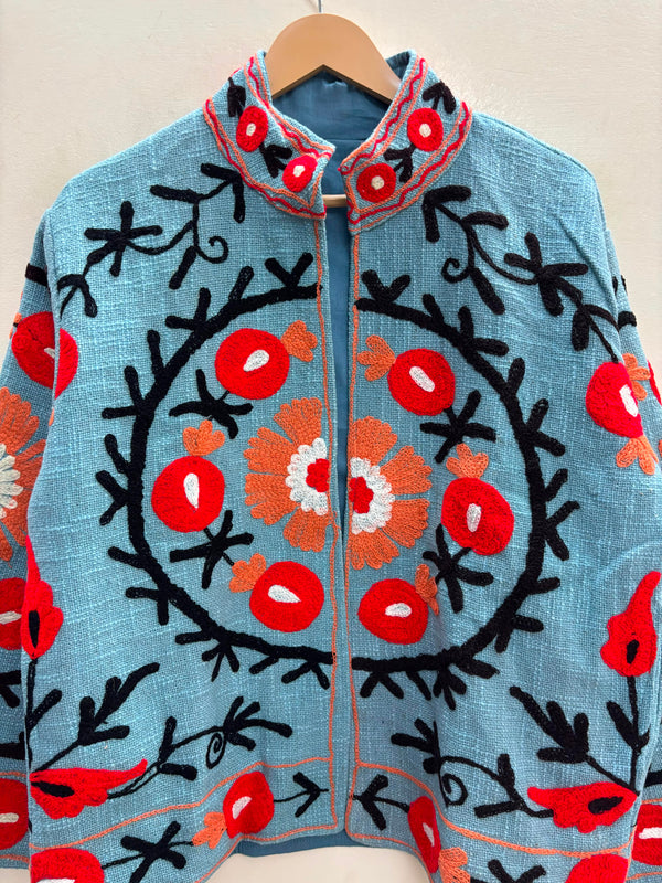 The Samarkand Bloom — Suzani Hand-Embroidered Cotton Jacket — Sky Blue with Crimson Pomegranates