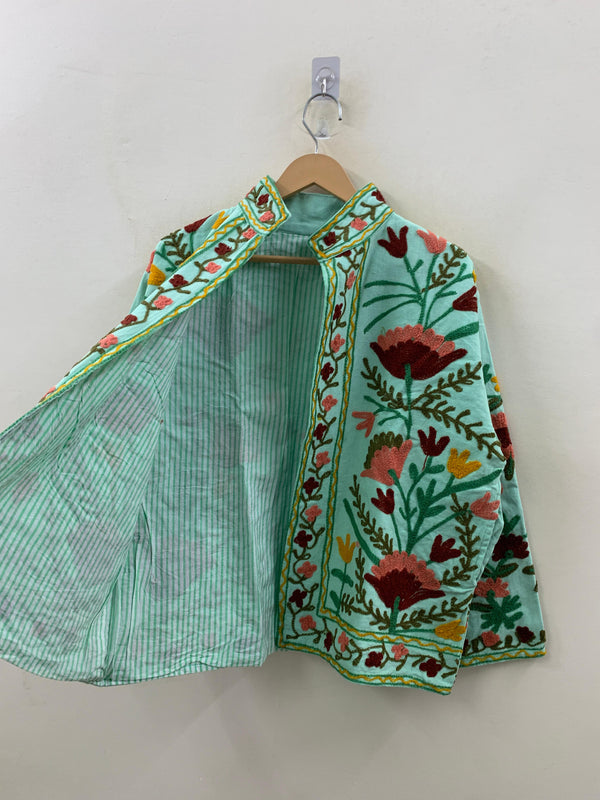 The Garden of Samarkand — Suzani-Inspired Hand-Embroidered Cotton Jacket — Mint & Crimson - Default Title - Zoshak Jacket