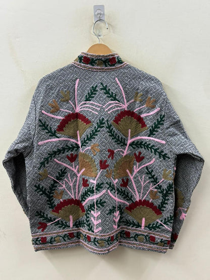 The Garden of Karez — Hand-Embroidered Cotton Jacket — Salt & Pepper Weave with Carnation Bloom - Default Title - Zoshak Jacket