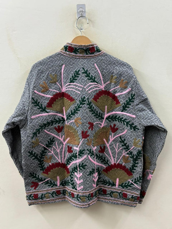 The Garden of Karez — Hand-Embroidered Cotton Jacket — Salt & Pepper Weave with Carnation Bloom - Default Title - Zoshak Jacket