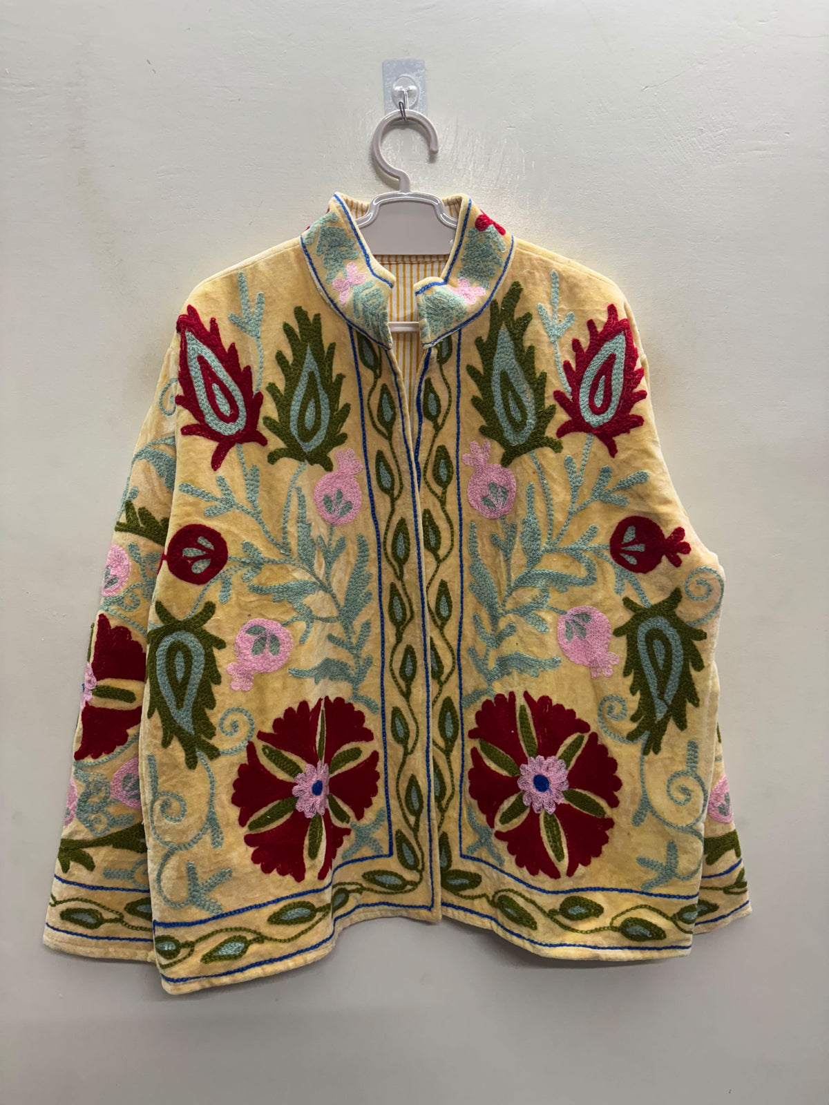 The Zard Bostan — Suzani Hand-Embroidered Velvet Jacket — Butter Yellow with Crimson Carnations & Sage Paisleys