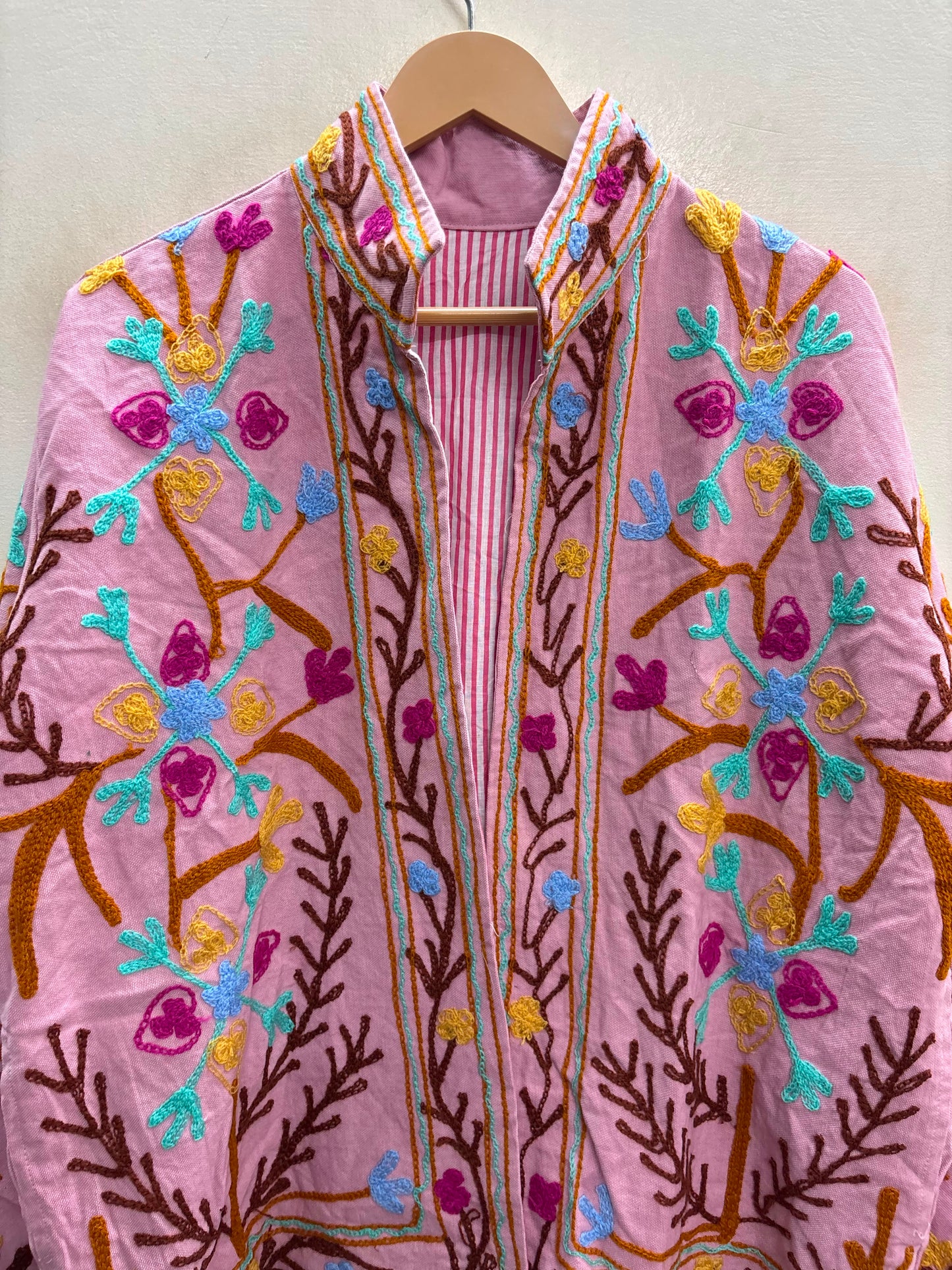 The Blossom Trellis — Suzani-Style Hand-Embroidered Cotton Jacket — Blush Pink