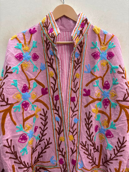 The Blossom Trellis — Suzani-Style Hand-Embroidered Cotton Jacket — Blush Pink