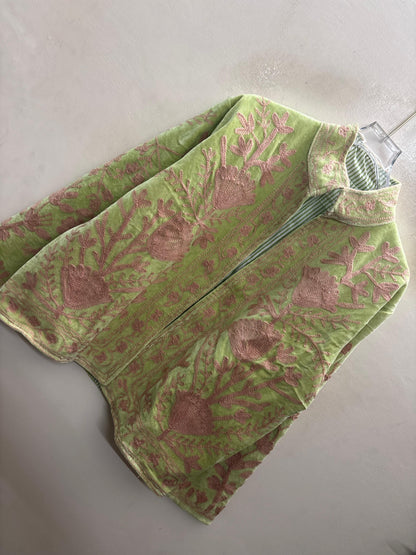 The Pista Bostan — Suzani Hand-Embroidered Velvet Jacket — Pistachio Green with Dusty Rose Florals