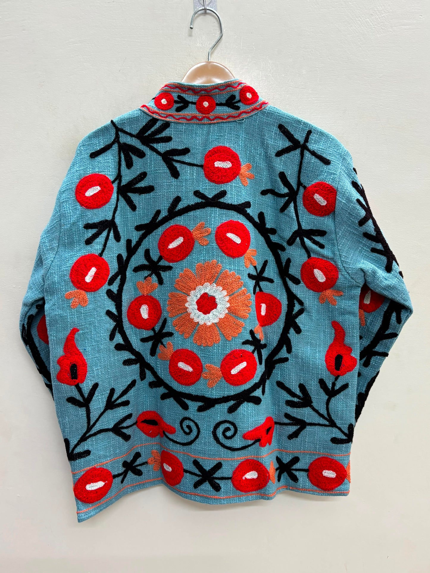 The Samarkand Bloom — Suzani Hand-Embroidered Cotton Jacket — Sky Blue with Crimson Pomegranates