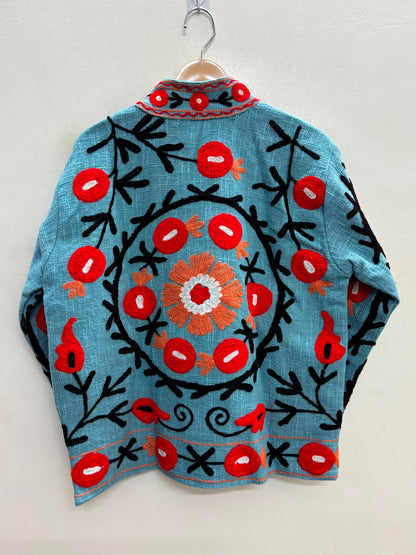 The Samarkand Bloom — Suzani Hand-Embroidered Cotton Jacket — Sky Blue with Crimson Pomegranates