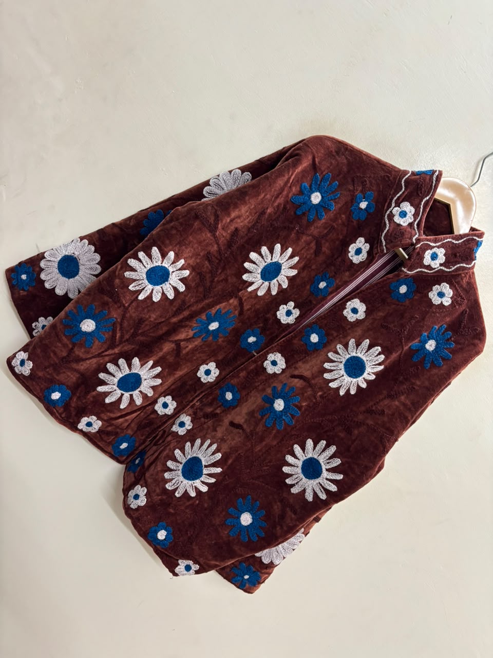 The Marwar Bloom — Suzani Embroidered Velvet Jacket — Rust Brown with Cobalt & Ivory Florals