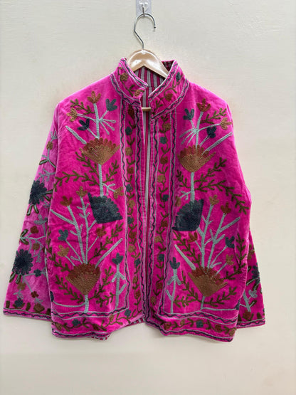 The Rani Bloom — Suzani Embroidered Velvet Jacket — Fuchsia Pink