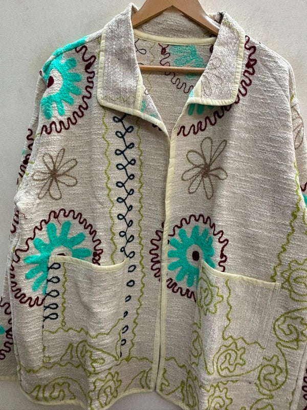 The Marigold Suzani — Hand-Embroidered Cotton Jacket — Ivory with Turquoise & Wine