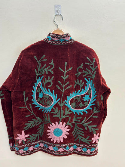 The Zafar Bloom — Suzani Embroidered Velvet Jacket — Brick Maroon with Turquoise & Rose