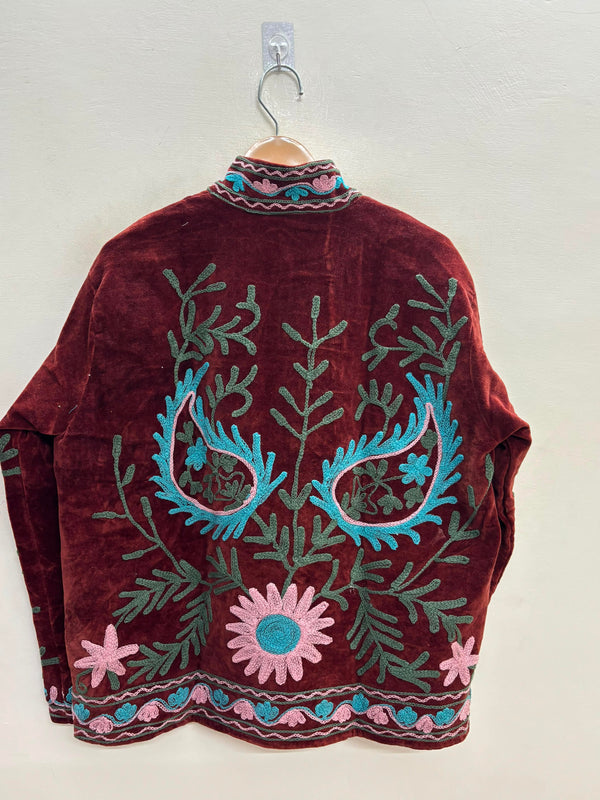 The Zafar Bloom — Suzani Embroidered Velvet Jacket — Brick Maroon with Turquoise & Rose