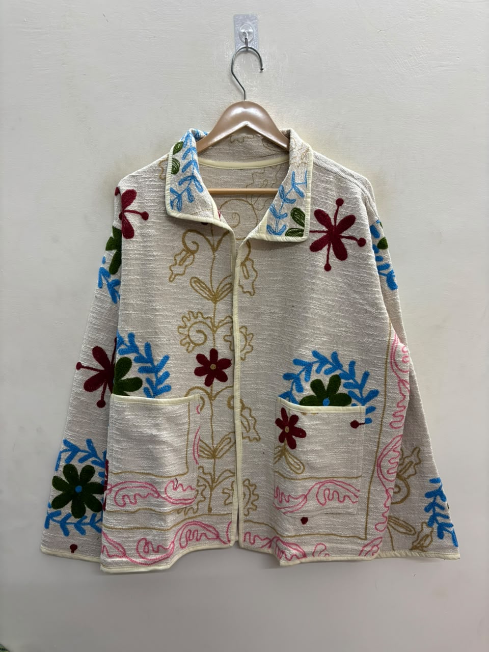 The Baghicha Bloom — Suzani Hand-Embroidered Cotton Jacket — Ivory with Cranberry, Sage & Sky Blue