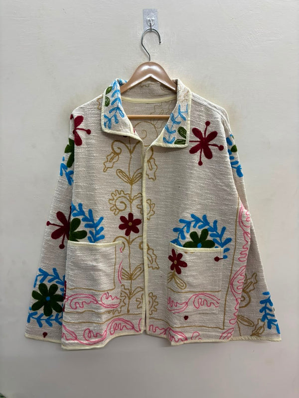 The Baghicha Bloom — Suzani Hand-Embroidered Cotton Jacket — Ivory with Cranberry, Sage & Sky Blue