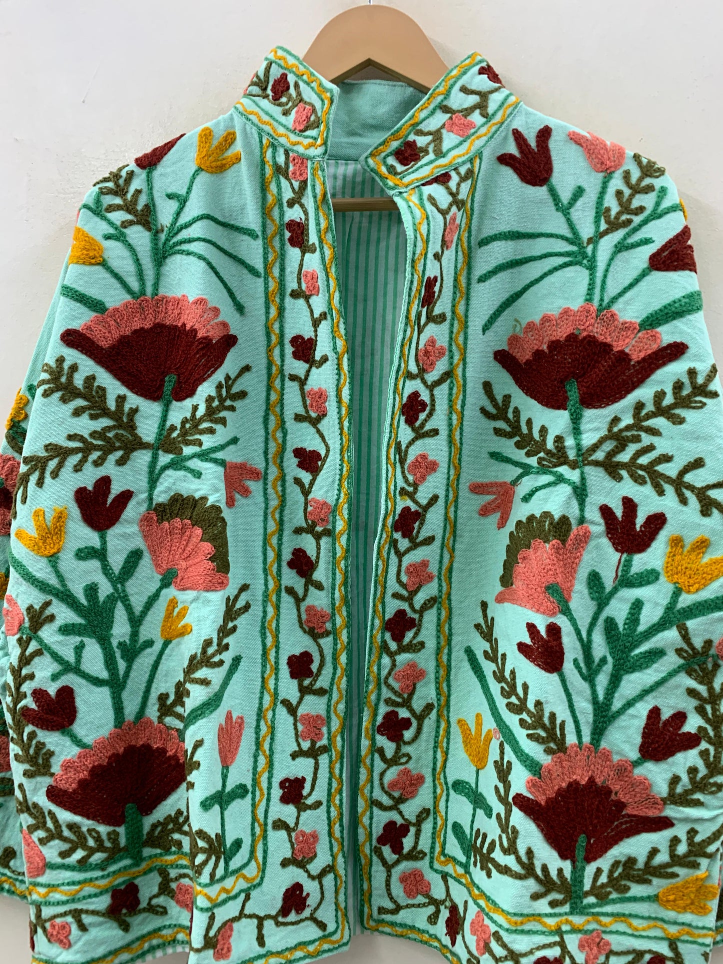 The Garden of Samarkand — Suzani-Inspired Hand-Embroidered Cotton Jacket — Mint & Crimson - Default Title - Zoshak Jacket
