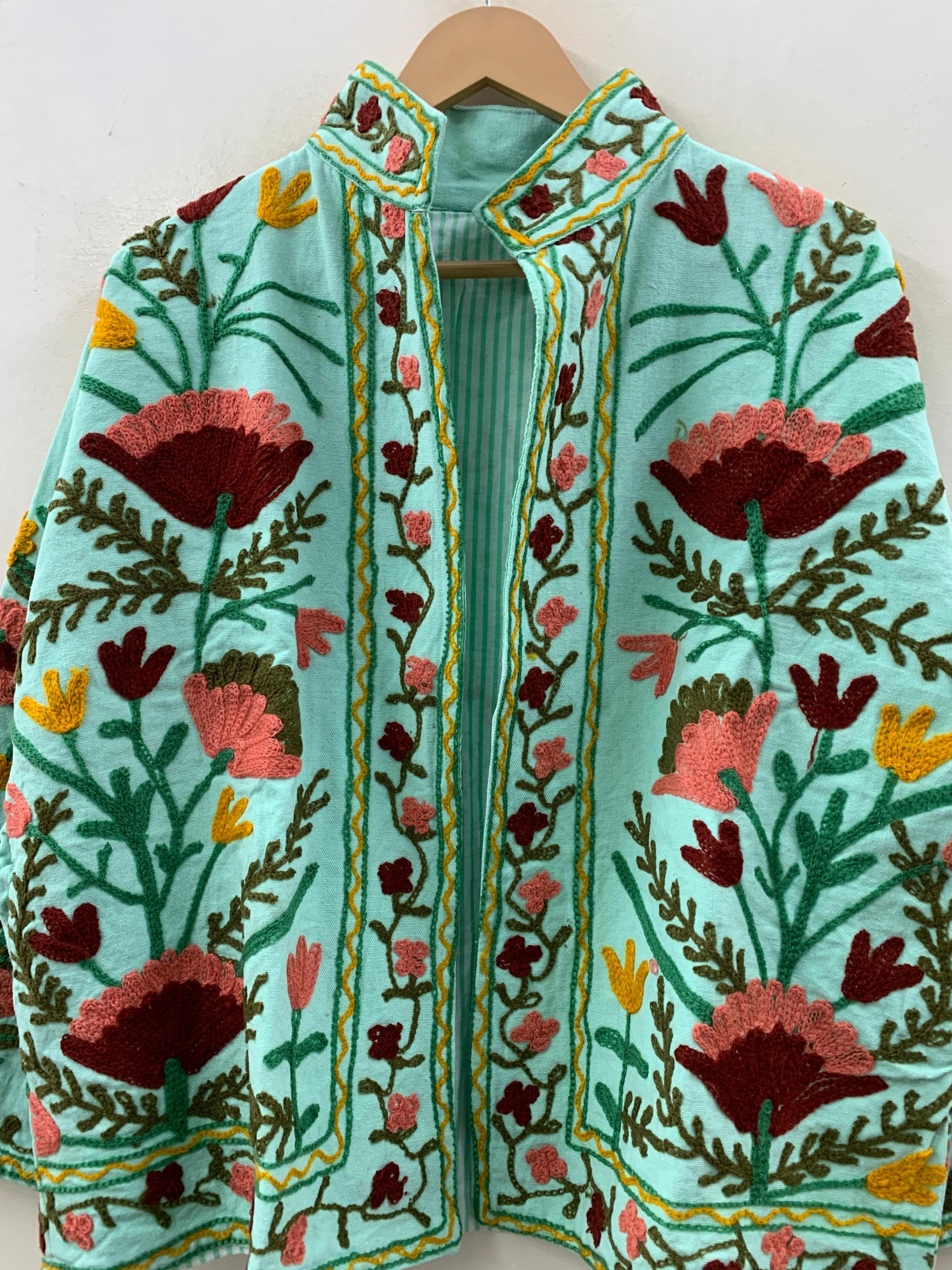 The Garden of Samarkand — Suzani-Inspired Hand-Embroidered Cotton Jacket — Mint & Crimson - Default Title - Zoshak Jacket