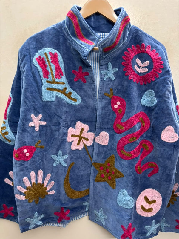 The Desert Serpent — Hand-Embroidered Velvet Jacket — Denim Blue with Fuchsia & Olive Motifs