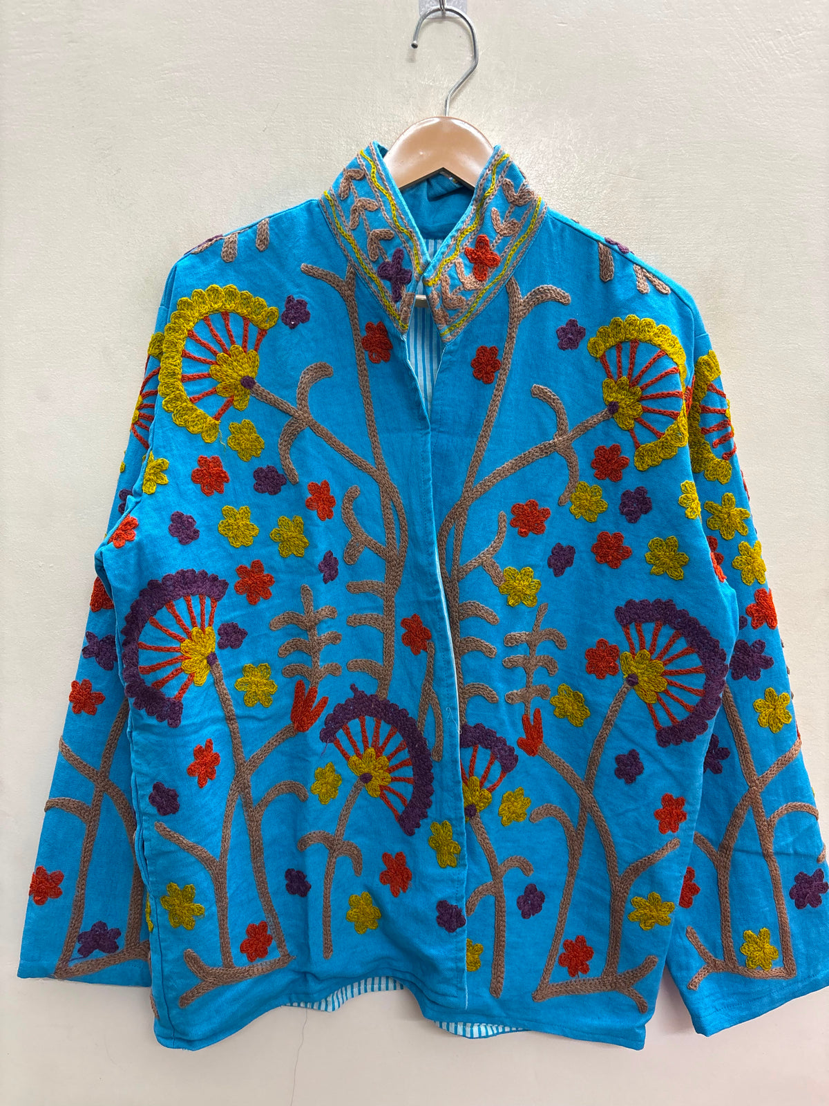 The Turquoise Oasis — Suzani Crewel-Embroidered Cotton Jacket — Sky Blue with Mustard, Rust & Plum