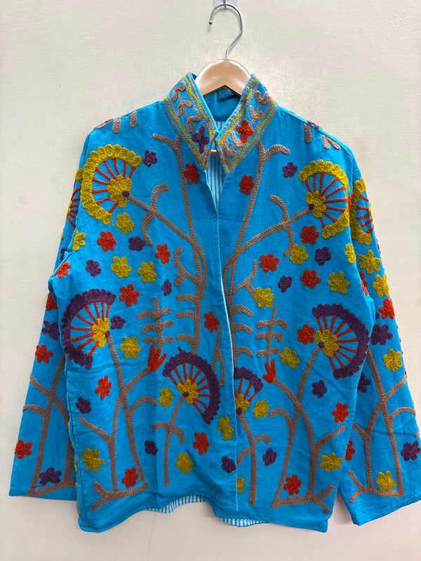 The Turquoise Oasis — Suzani Crewel-Embroidered Cotton Jacket — Sky Blue with Mustard, Rust & Plum